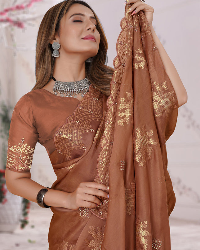 Rust Organza Soft Silk Embroidered Saree