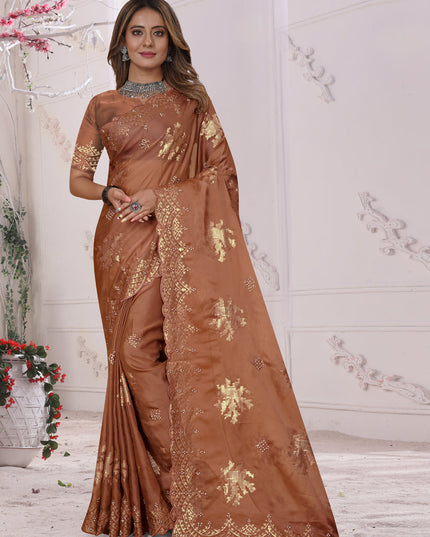 Rust Organza Soft Silk Embroidered Saree