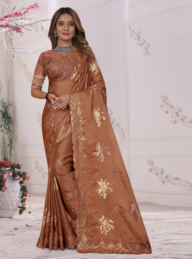 Rust Organza Soft Silk Embroidered Saree