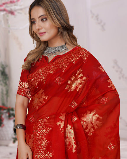 Red Organza Soft Silk Embroidered Saree