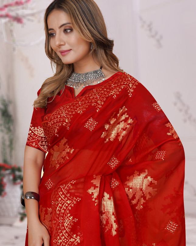 Red Organza Soft Silk Embroidered Saree