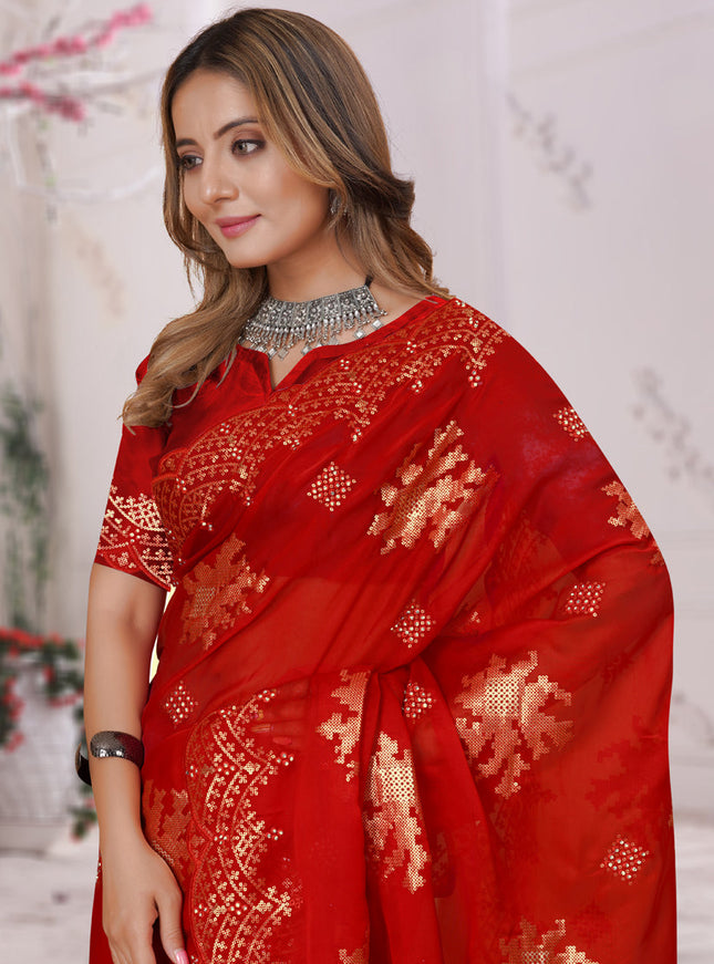 Red Organza Soft Silk Embroidered Saree