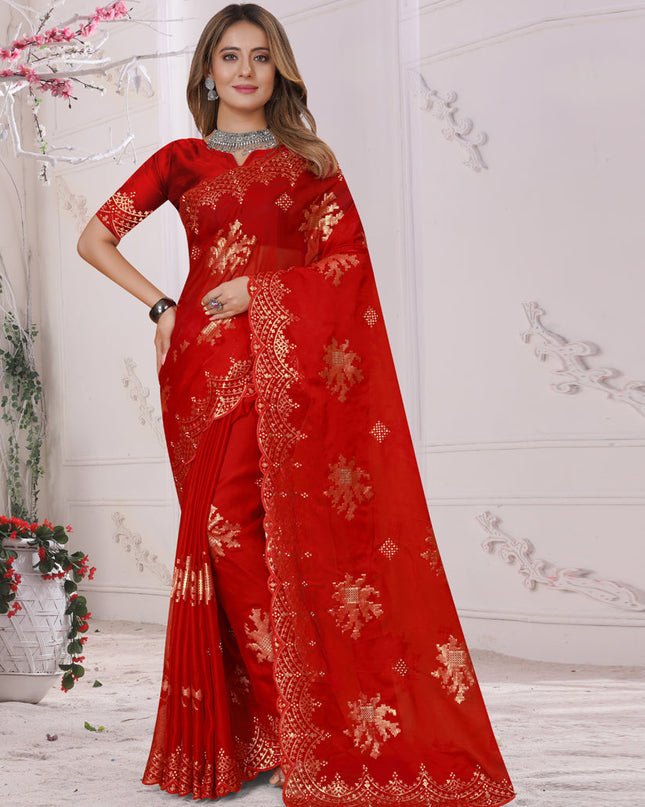 Red Organza Soft Silk Embroidered Saree