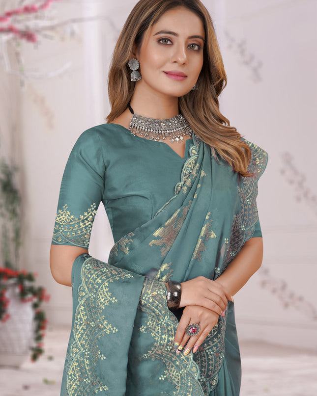 Dusty Sky Blue Organza Soft Silk Embroidered Saree