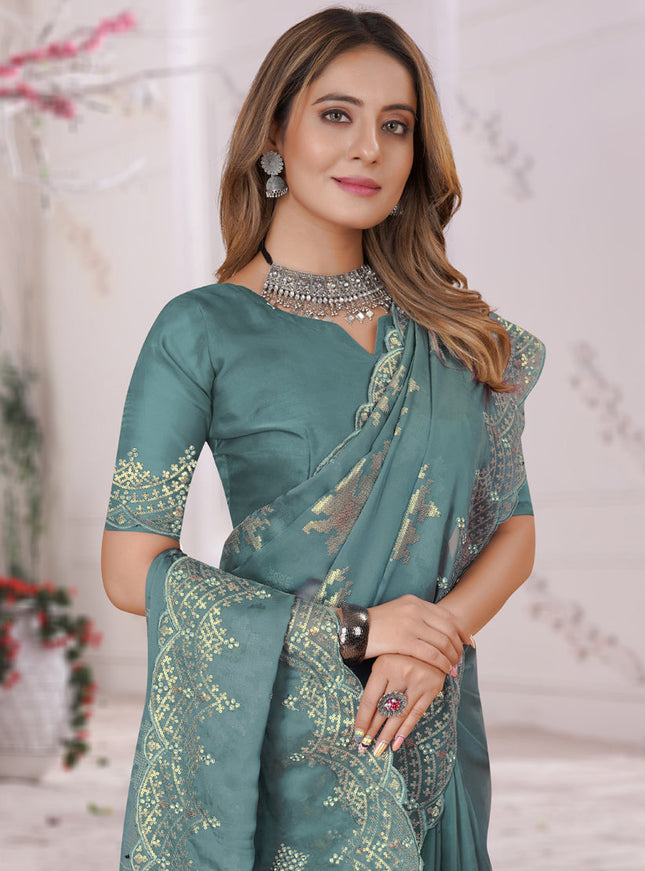 Dusty Sky Blue Organza Soft Silk Embroidered Saree