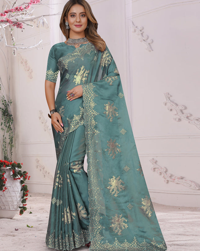 Dusty Sky Blue Organza Soft Silk Embroidered Saree
