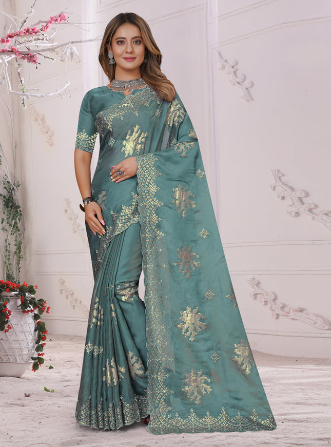 Dusty Sky Blue Organza Soft Silk Embroidered Saree
