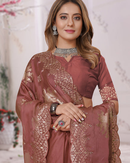 Peach Organza Soft Silk Embroidered Saree