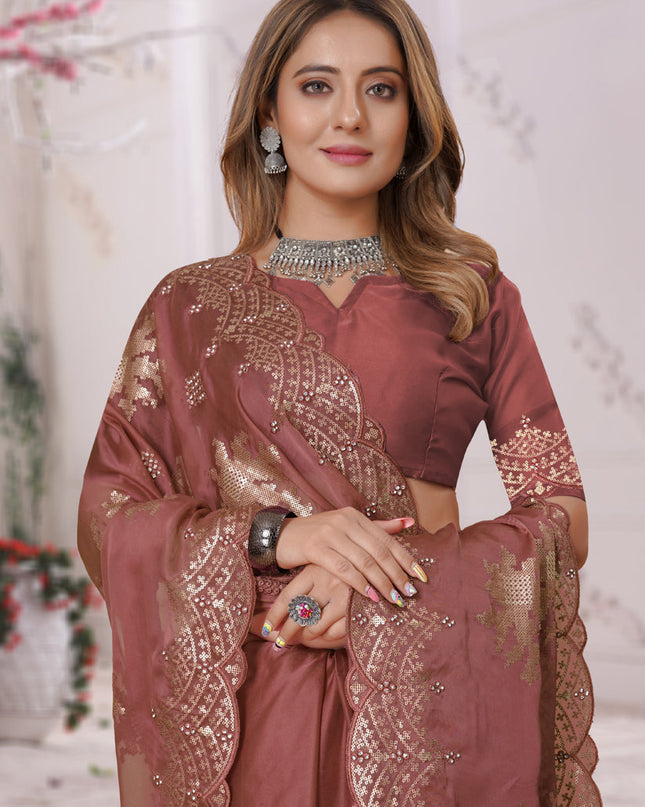 Peach Organza Soft Silk Embroidered Saree