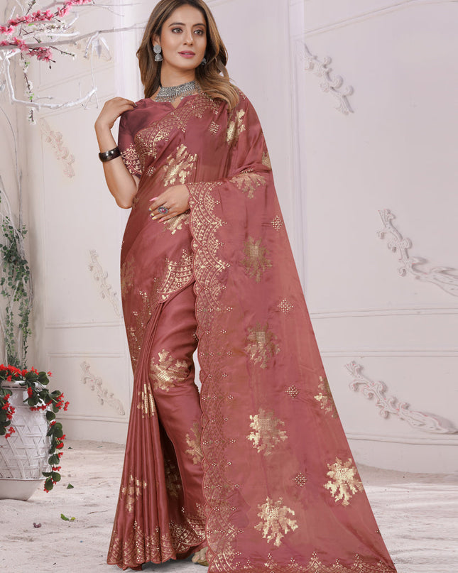 Peach Organza Soft Silk Embroidered Saree