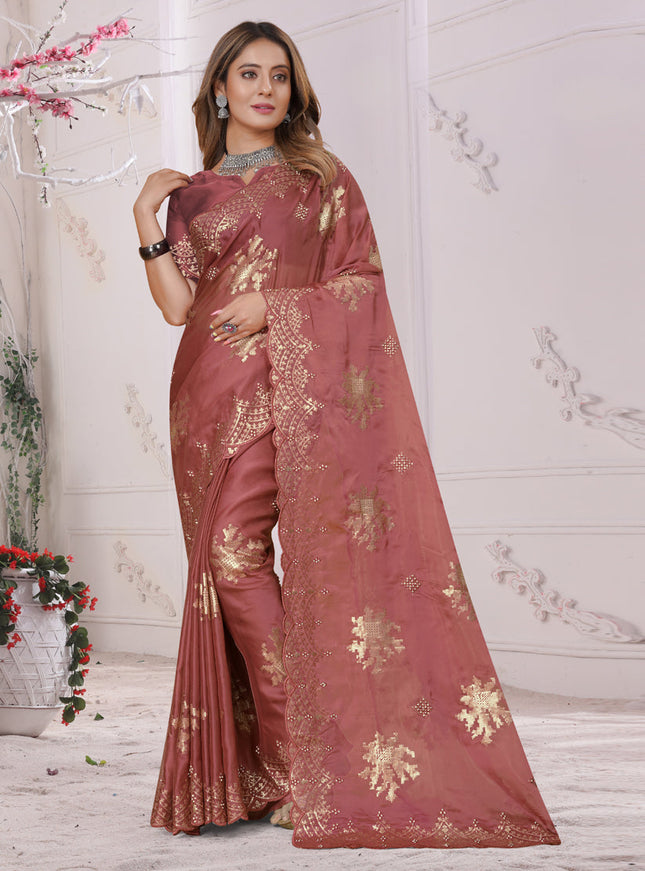 Peach Organza Soft Silk Embroidered Saree