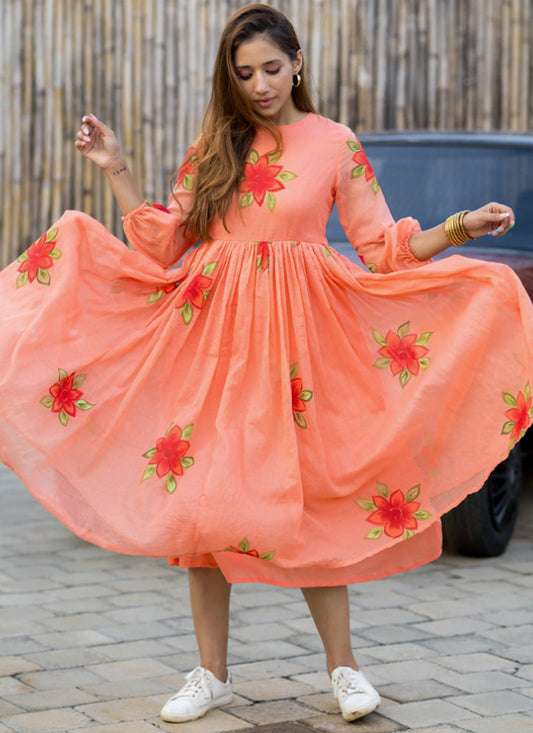 Peach Art Silk Digital Print work Kurti