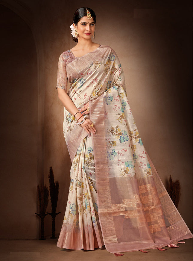 Beige Organza Tissue Festival Saree