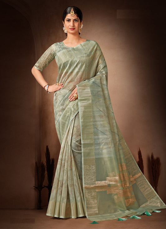 Sauf Green Organza Tissue Festival Saree