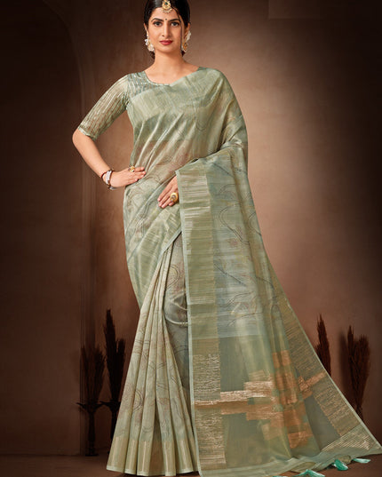 Sauf Green Organza Tissue Festival Saree