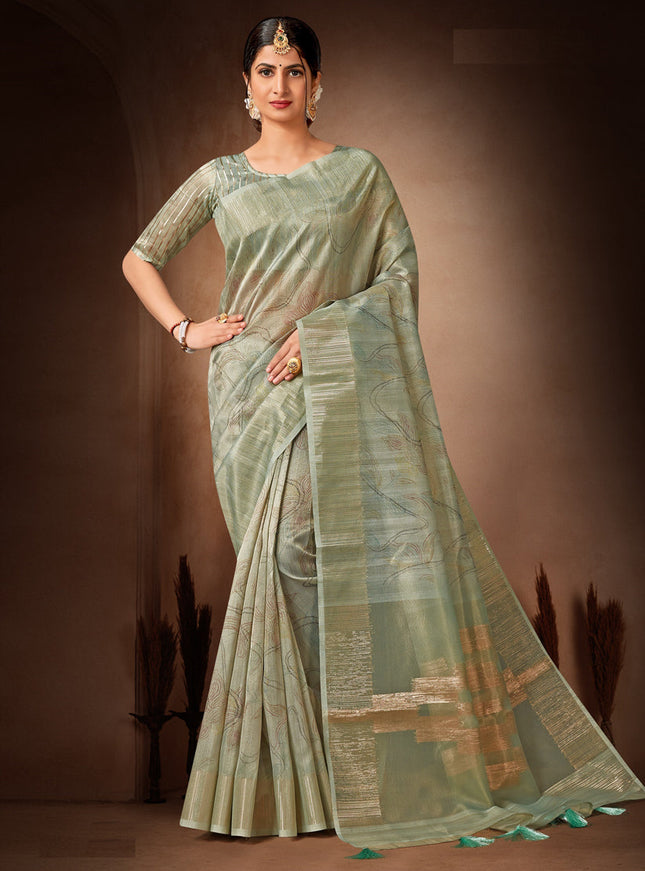 Sauf Green Organza Tissue Festival Saree