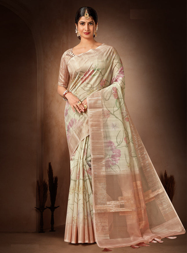 Beige Organza Tissue Festival Saree