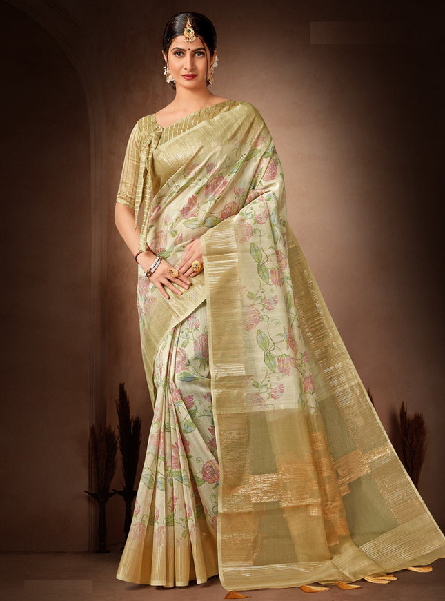 Cream Organza Tissue Festival Saree
