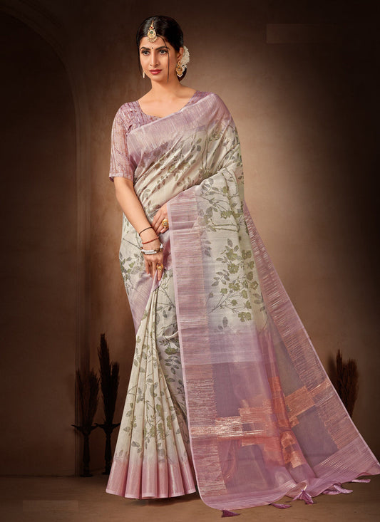 Beige Organza Tissue Festival Saree