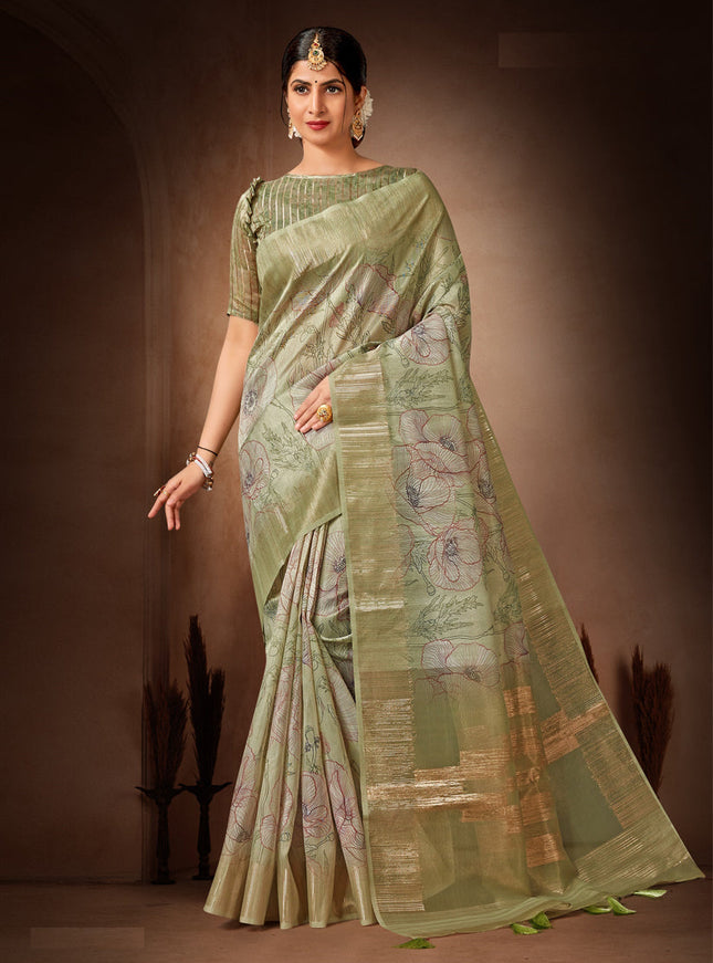 Olive Green Organza Tissue Festival Saree