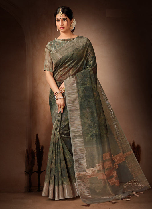 Dark Green Organza Tissue Festival Saree