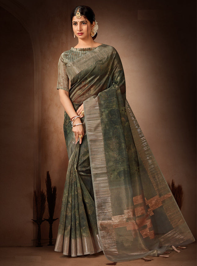 Dark Green Organza Tissue Festival Saree