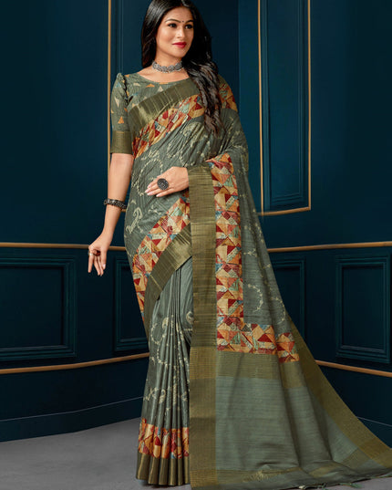 Moss Green Digital Print Silk Saree