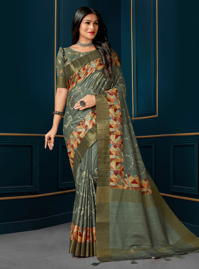 Moss Green Digital Print Silk Saree
