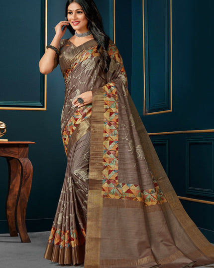 Oak Brown Digital Print Silk Saree