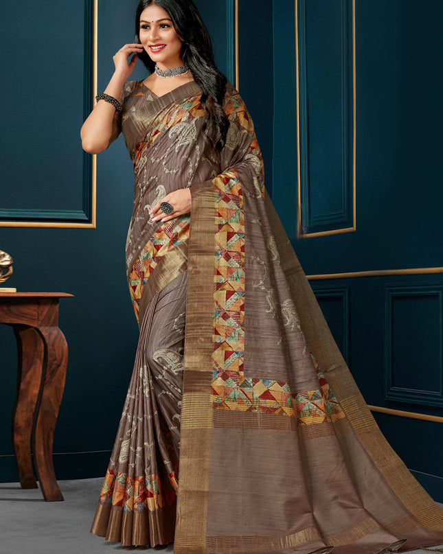 Oak Brown Digital Print Silk Saree