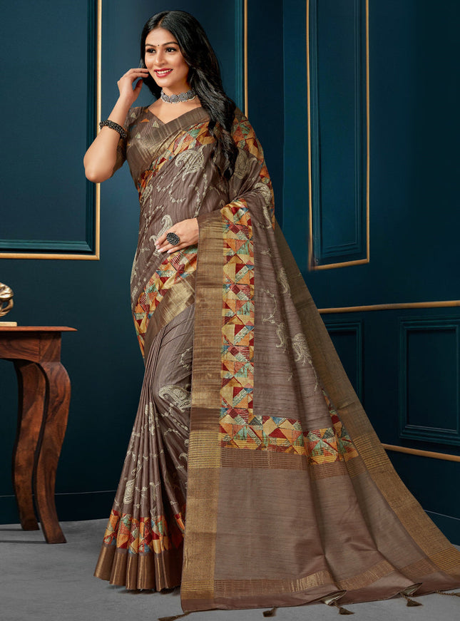 Oak Brown Digital Print Silk Saree