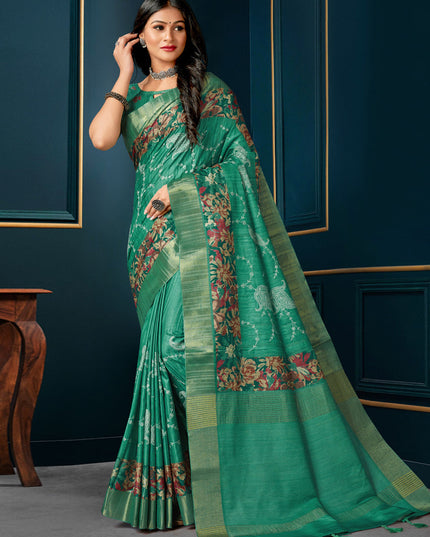 Rama Green Digital Print Silk Saree