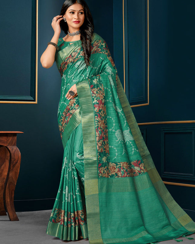Rama Green Digital Print Silk Saree