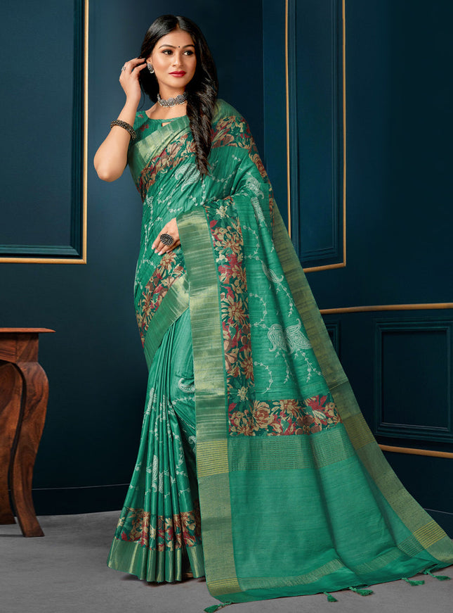 Rama Green Digital Print Silk Saree