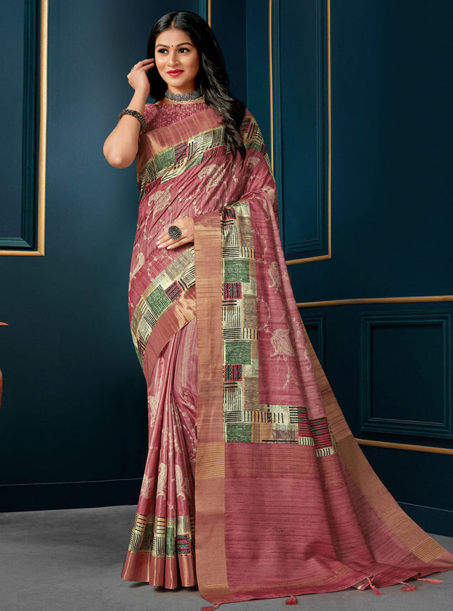 Mauve Pink Digital Print Silk Saree