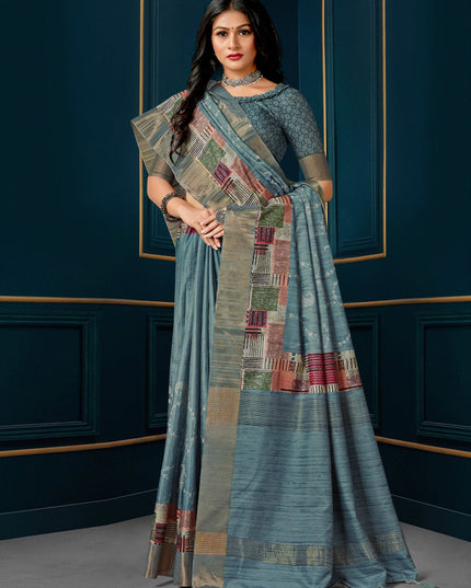 Slate Blue Digital Print Silk Saree
