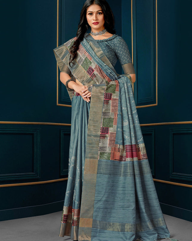 Slate Blue Digital Print Silk Saree