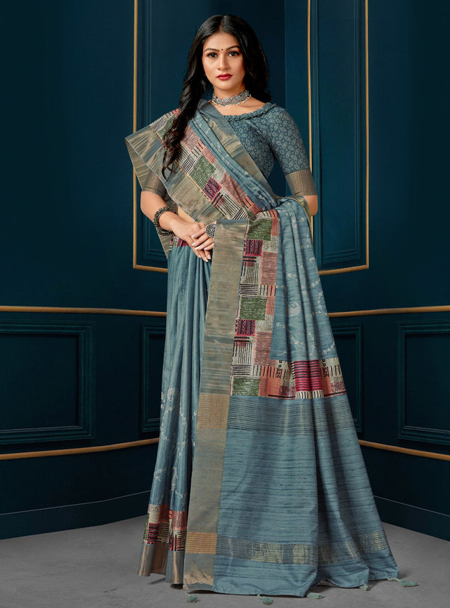 Slate Blue Digital Print Silk Saree