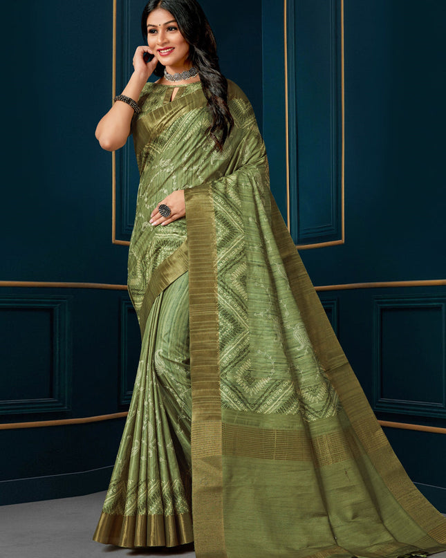 Olive Green Digital Print Silk Saree