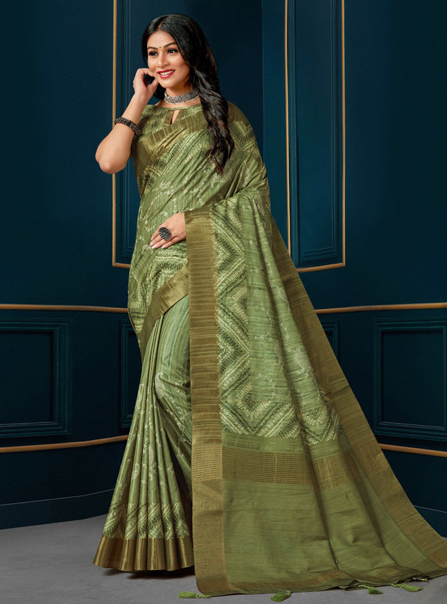 Olive Green Digital Print Silk Saree