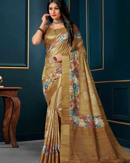 Dusty Gold Digital Print Silk Saree
