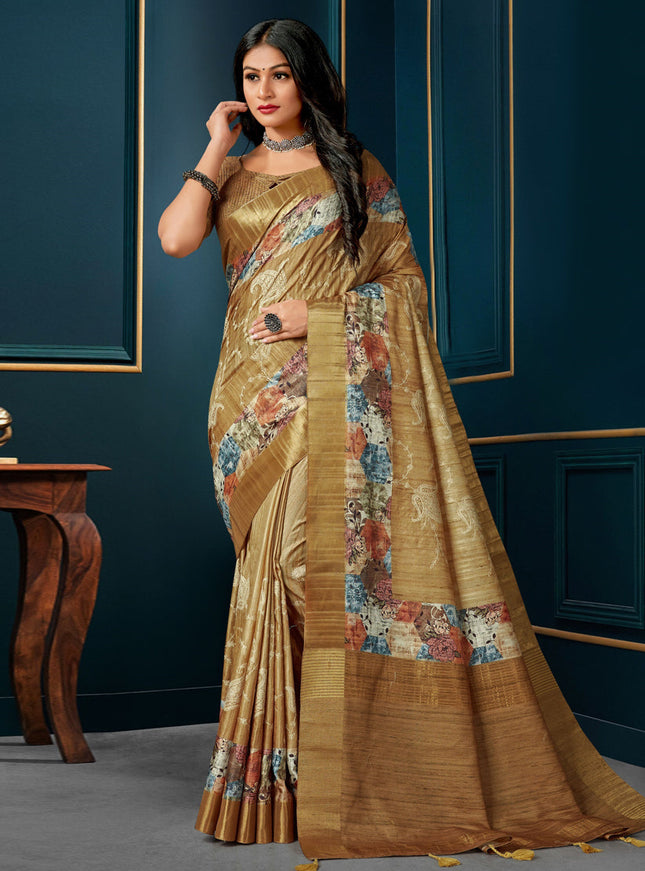 Dusty Gold Digital Print Silk Saree