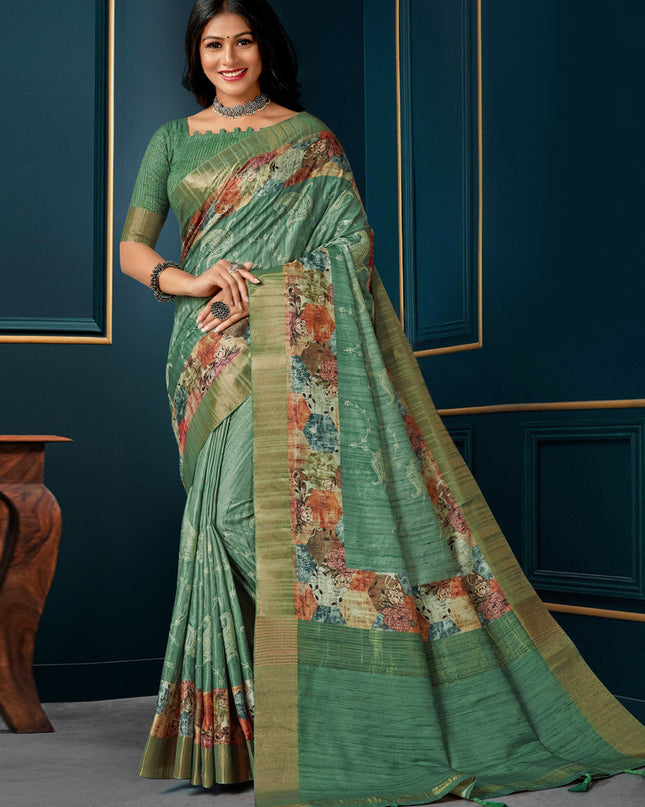 Rama Green Digital Print Silk Saree