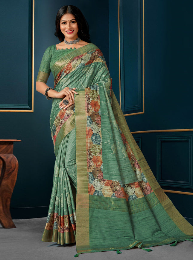 Rama Green Digital Print Silk Saree