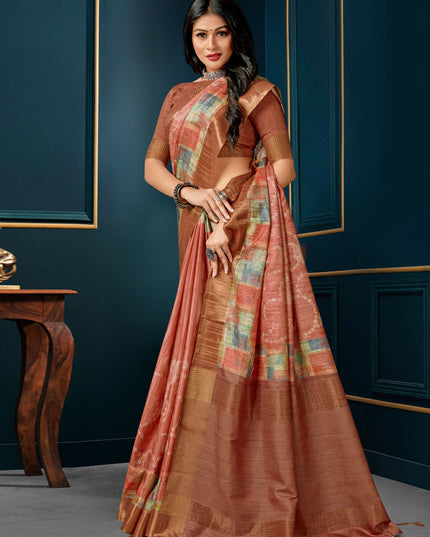 Salmon Pink Digital Print Silk Saree