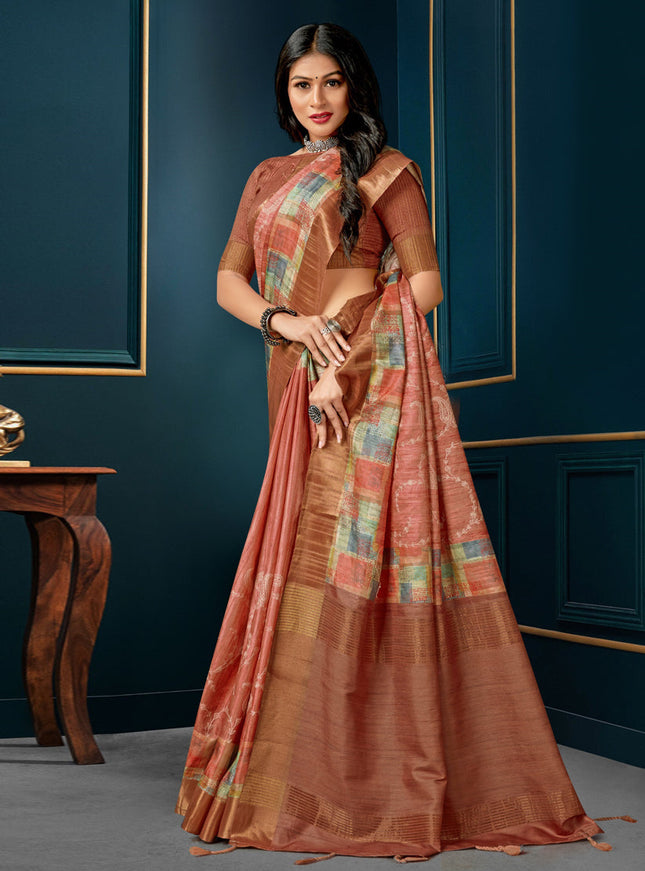 Salmon Pink Digital Print Silk Saree