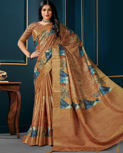 Rust Orange Digital Print Silk Saree