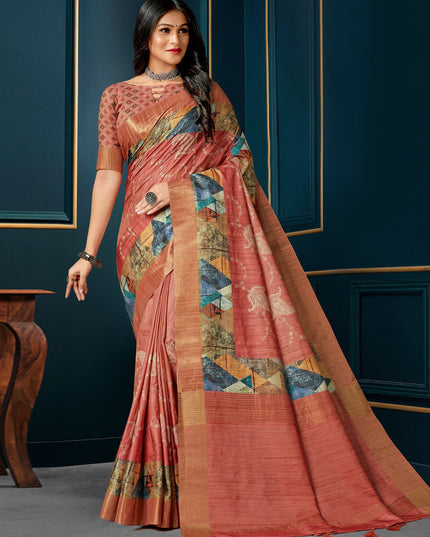 Salmon Pink Digital Print Silk Saree
