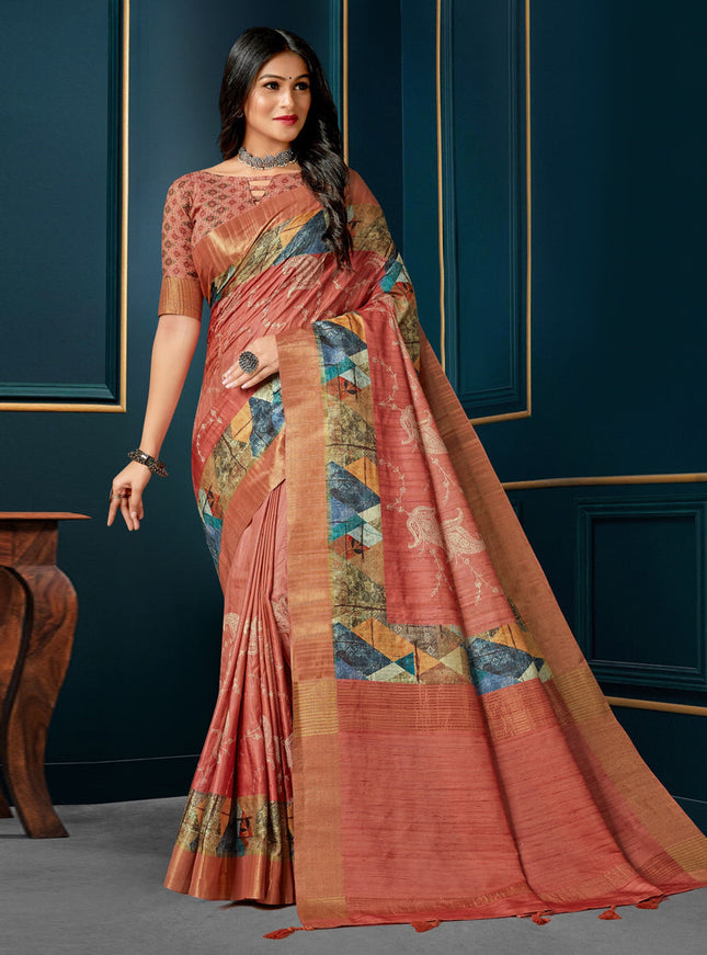 Salmon Pink Digital Print Silk Saree