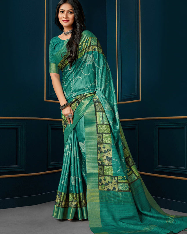 Rama Green Digital Print Silk Saree